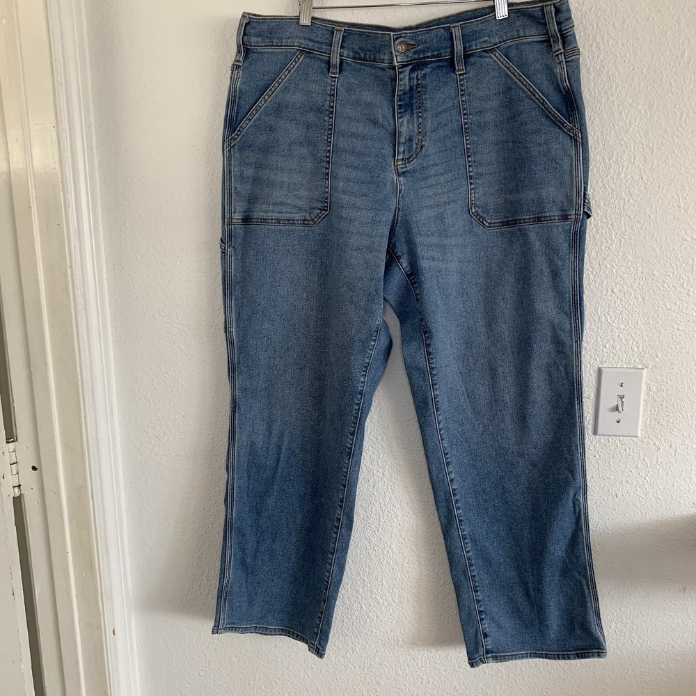 Lands End Womens 18W Carpenter‎ Jeans Medium Wash Straight Leg Stretch Utility